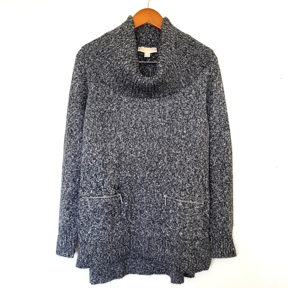 Michael Kors Womens Cowl Neck Sweater Size L Gray Speckled Zip Pockets High‎ Low